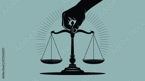 Justice symbolized by a hand holding scales of balance, representing fairness, legal decisions, and ethical judgment in a clear, impactful graphic.