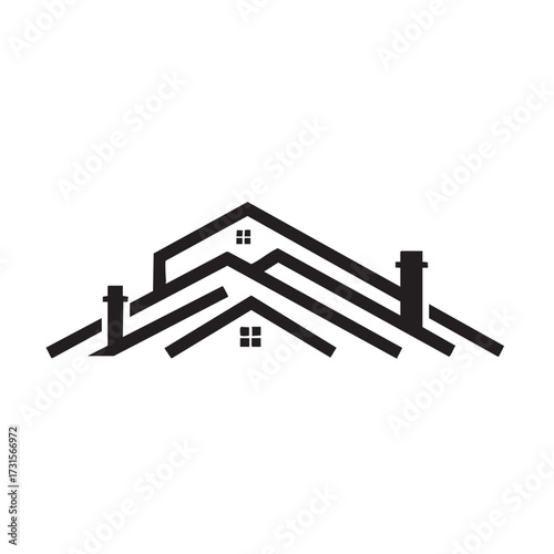 A sleek black vector graphic illustrating a modern architectural concept with multiple stylized house roofs, chimneys, and windows, symbolizing real estate development and community.