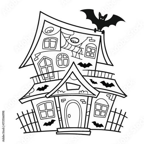 Outline drawing of a spooky haunted house with bats and cobwebs