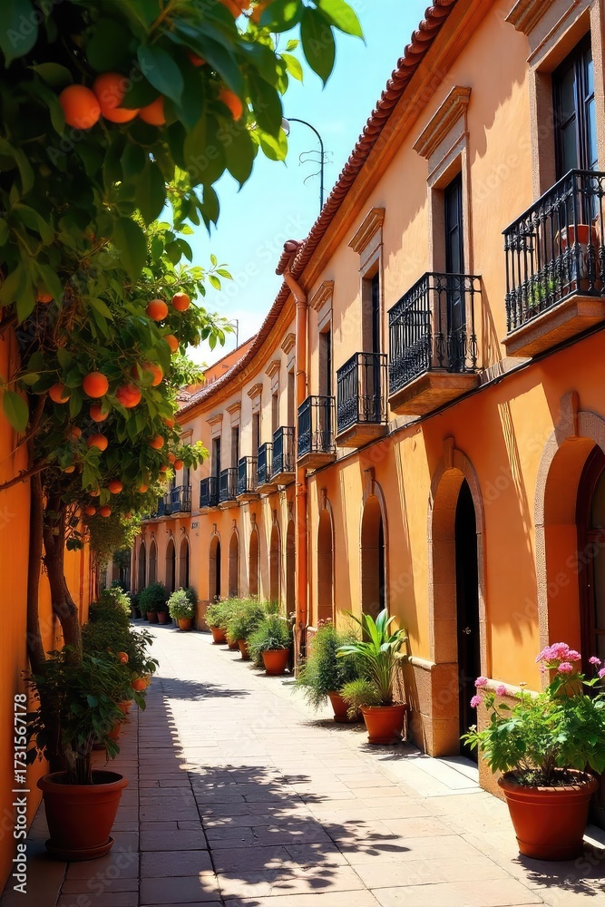 Fototapeta premium Explore Sevilles Enchanting Streets Sun-Drenched Architecture, Vibrant Orange Trees, and Hidden Courtyards in Andalucia, Spain