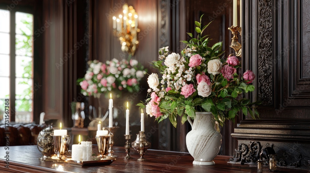Fototapeta premium Elegant Floral Arrangement in Vintage Interior with Candles and Antique Decor Enhancing Cozy Ambiance