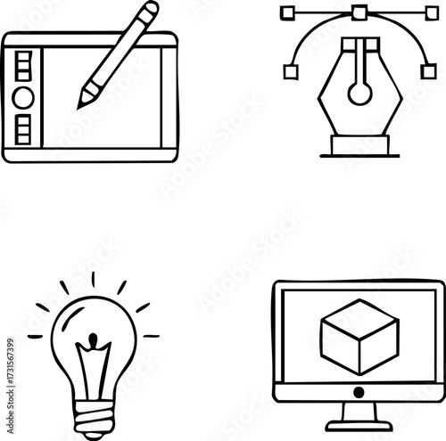Creative Design and Digital Art Tools Doodle Icons.