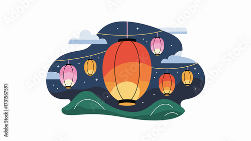 Colorful Asian Lanterns at Night A Festive Celebration Illustration with Clouds, Stars, and a Serene Green Landscape, Perfect for Celebrations