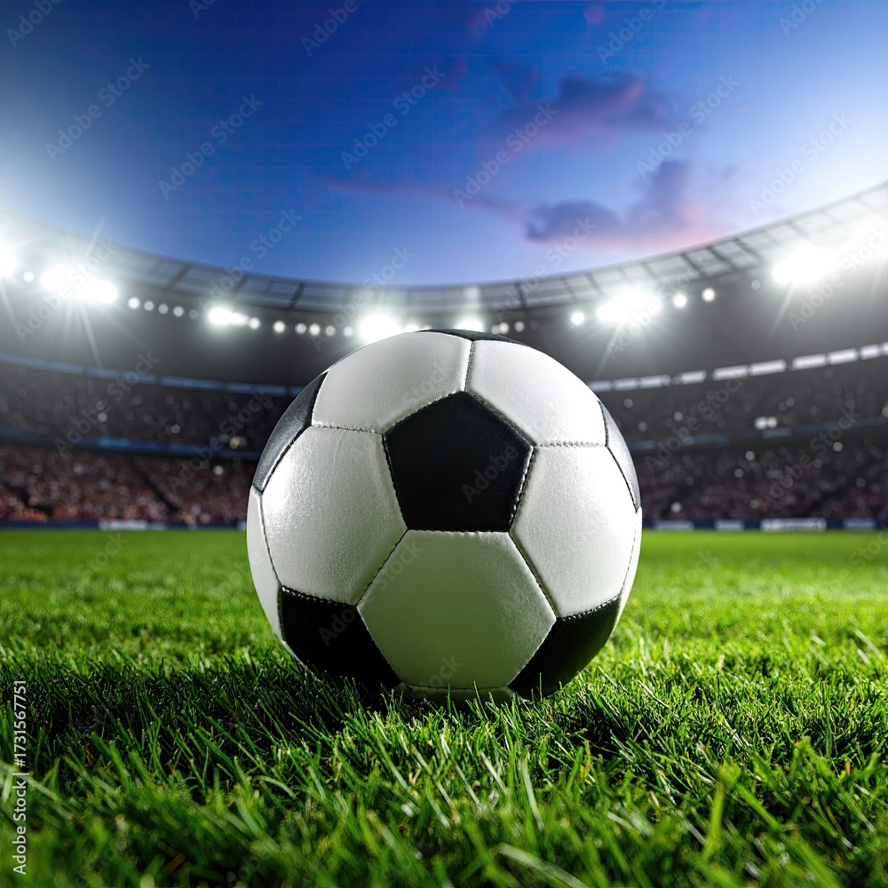 Fototapeta premium Soccer ball on a stadium field at twilight