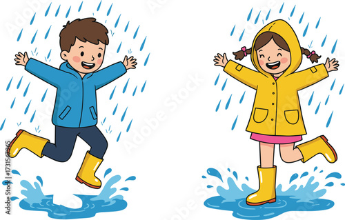 Happy kids jumping in rainy weather wearing yellow raincoats and boots, cheerful children splashing water puddles cartoon vector illustration design art
