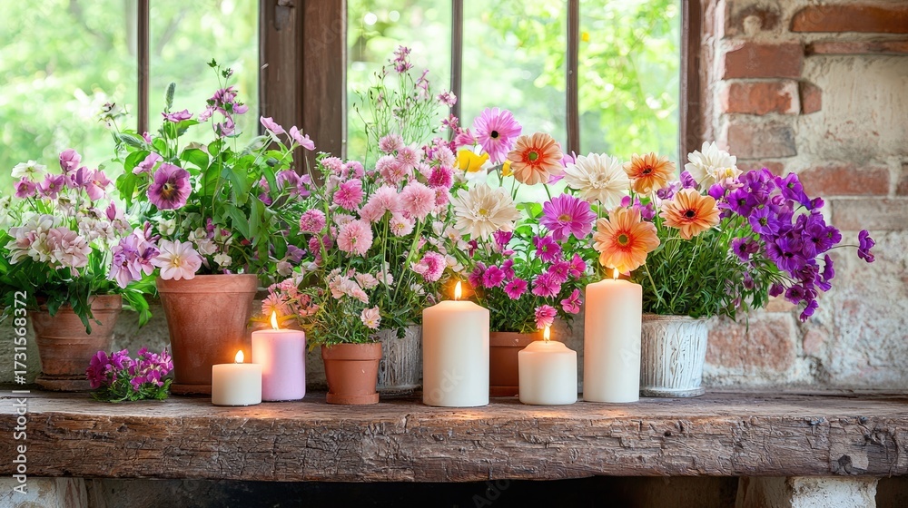 Fototapeta premium Colorful Flower Arrangement with Candles on Rustic Wooden Table Near Window in Bright and Serene Atmosphere