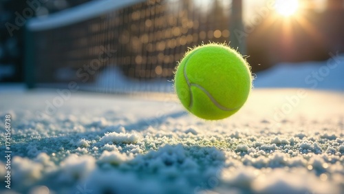 A lone tennis ball hovers above a frosty court during a winter sunset, a picturesque scene of athletic perseverance