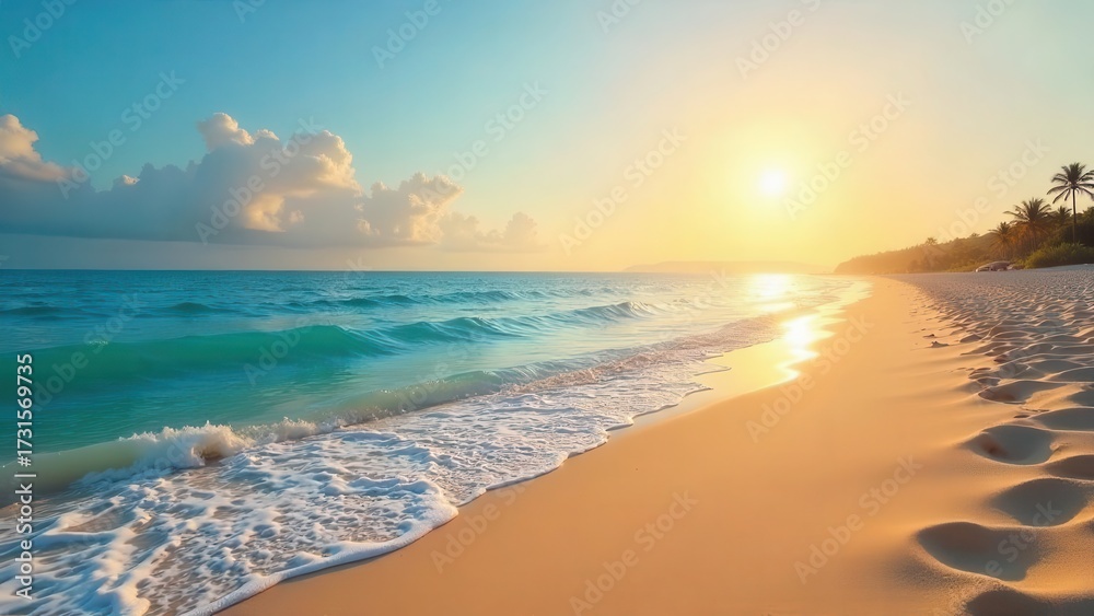 Obraz premium Golden Sunset Beach Scene Ocean Waves Gently Kissing the Sandy Shore at Day's End