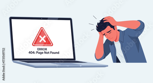 Frustrated user facing a 404 error on a laptop screen needs technical support with digital problem