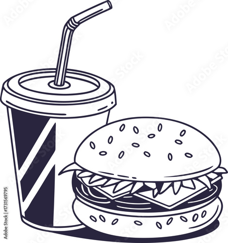 Simple silhouette of a burger and soda on a white background