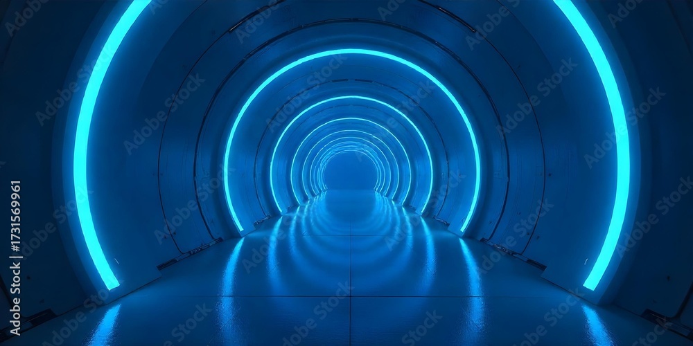 Obraz premium A futuristic tunnel with blue neon lights, the tunnel is dark, and the lights create a sense of depth; the floor is reflective 