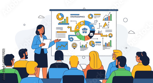 Business presentation with woman presenting strategics to a diverse audience in a meeting