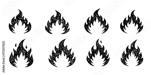 Fire flame icon. Brush grunge illustration. Crayon vector paint logo. Graphic background. Spray fire symbol. Doodle y2k flame. Hot crayon texture grafitti. Heat shape, abstract stroke, sketch tattoo 