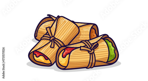 Cartoon illustration showcasing delicious traditional tamales wrapped in corn husks and tied