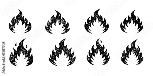 Fire flame icon. Brush grunge illustration. Crayon vector paint logo. Graphic background. Spray fire symbol. Doodle y2k flame. Hot crayon texture grafitti. Heat shape, abstract stroke, sketch tattoo 