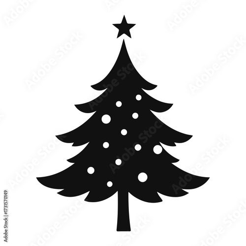Christmas tree silhouette, holiday pine illustration, decorated fir vector, festive tree drawing, black evergreen art with star