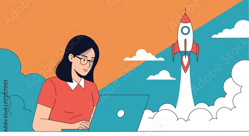 Businesswoman using laptop with rocket launching into space for startup success