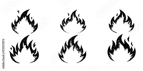 Fire flame icon. Brush grunge illustration. Crayon vector paint logo. Graphic background. Spray fire symbol. Doodle y2k flame. Hot crayon texture grafitti. Heat shape, abstract stroke, sketch tattoo 