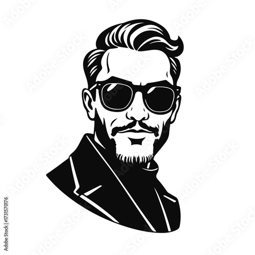 Business man illustration, stylish male character, cool design, hipster fashion, modern hairstyle symbol with sunglasses