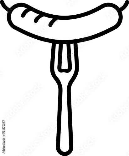 Simple outline icon of a sausage on a fork against white