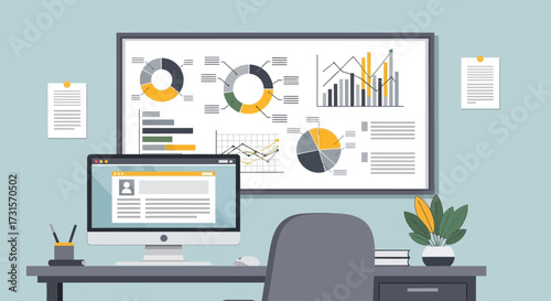 Modern office workspace setup with financial data graphs and charts display on screen