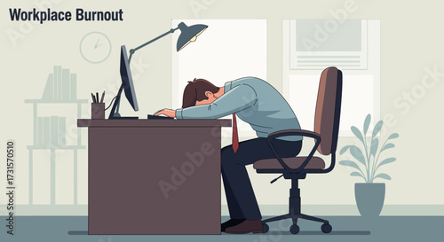 Illustrative depiction of workplace burnout and exhaustion in the modern office setting
