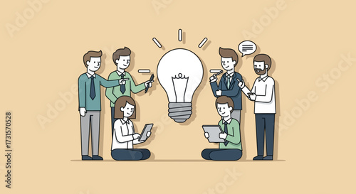 Teamwork brainstorming session generating ideas around a central glowing lightbulb