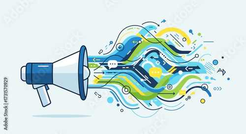Creative megaphone with abstract graphic elements representing communication and marketing reach