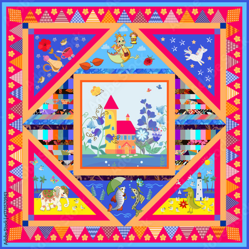 Design for children's scarf, napkin with cute fish, dino, elephant, crocodile, fairy house and teapot. Elegant patchwork carpet. Colorful quilt