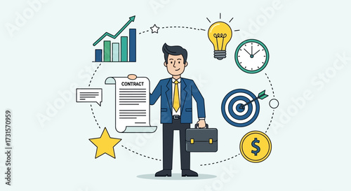 Cartoon businessman with contract document and business elements symbolizing success and progress