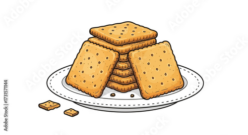 Cartoon illustration of a stack of square crackers on a plate with a white background