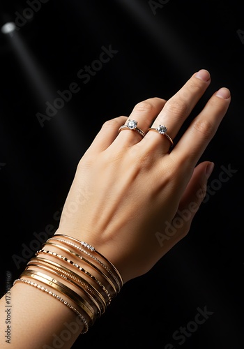 Elegant hand adorned with rings and bracelets against dark background