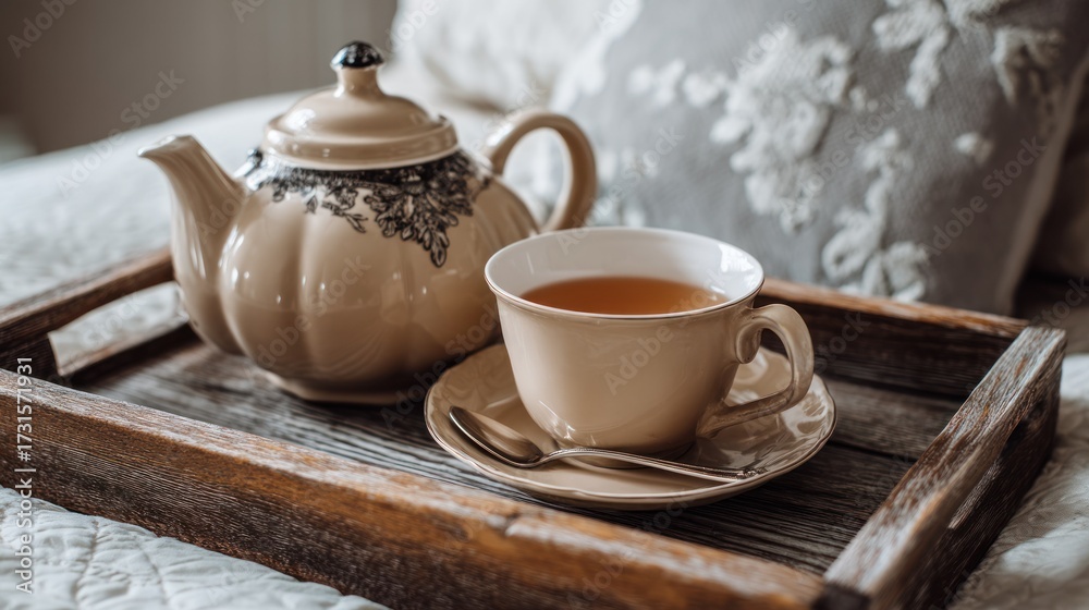 Fototapeta premium Pale beige calming tea set in tray tranquil and formal for hospitality visuals