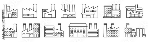 Factory buildings icon set. Business manufacture, industrial station, chemical industry, construction symbol icons. Building icon set in line black. Real estate logo. Vector illustration.