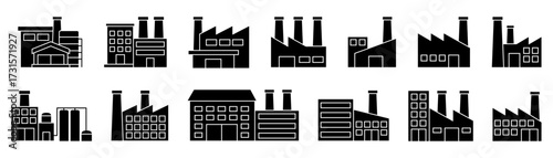 Factory buildings icon set. Business manufacture, industrial station, chemical industry, construction symbol icons. Building icon set in line black. Real estate logo. Vector illustration.