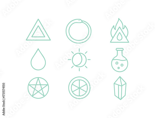 Mystical Symbols and Alchemical Elements Line Art Icon Collection for Spiritual Design