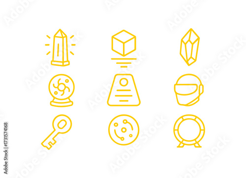 Diverse yellow outline icons depicting abstract concepts technology and magic on white