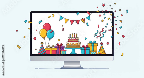 Digital Birthday Celebration on Computer Screen with Gifts and Confetti