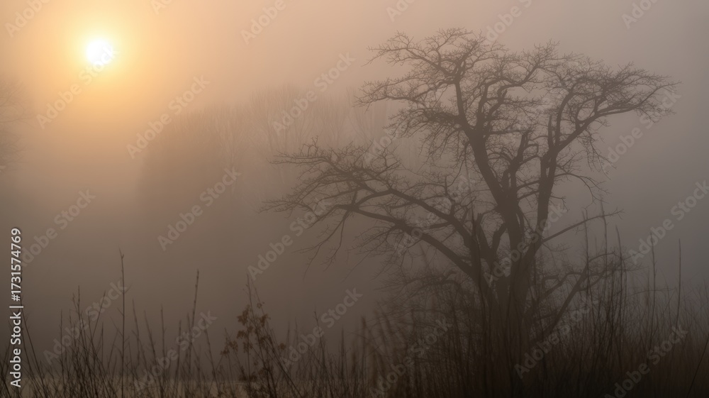 Naklejka premium Bare tree silhouetted against hazy orange sun and thick fog over tall grass