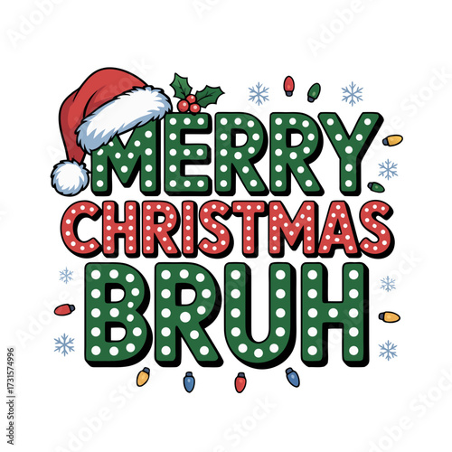 Festive baseball christmas design featuring a santa hat on a baseball with crossed bats and colorful lights