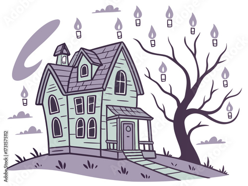 Creepy haunted house with a dead tree and floating candles vector illustration