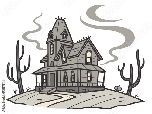 Spooky haunted house with dead trees and smoke on a hill vector illustration