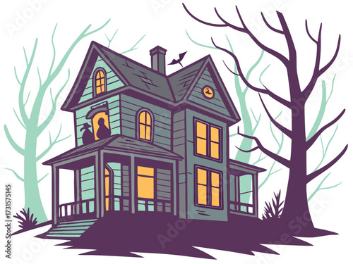 Spooky haunted house with glowing windows and silhouetted figures on the porch vector illustration