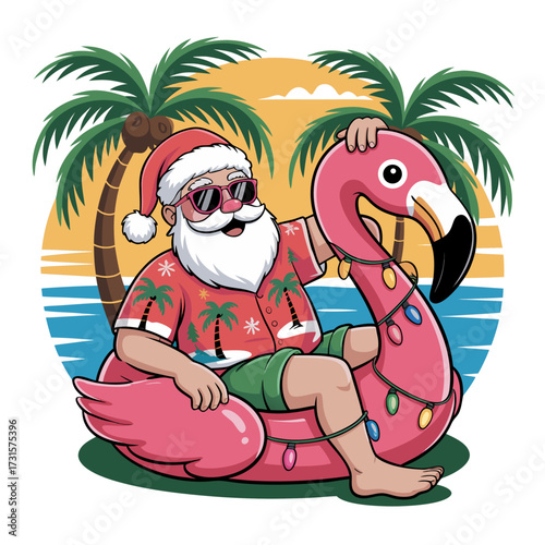 Santa claus relaxing on a pink flamingo float wearing sunglasses and a hawaiian shirt at the beach during sunset