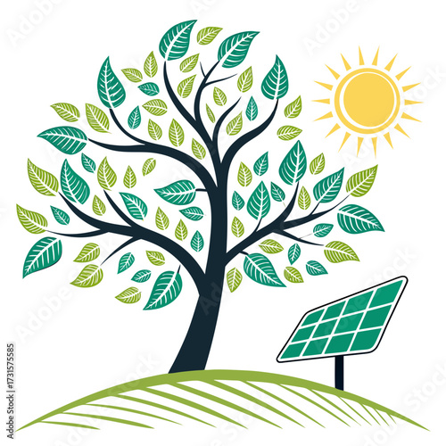 Green tree with solar panel and sun, symbolizing renewable energy vector illustration