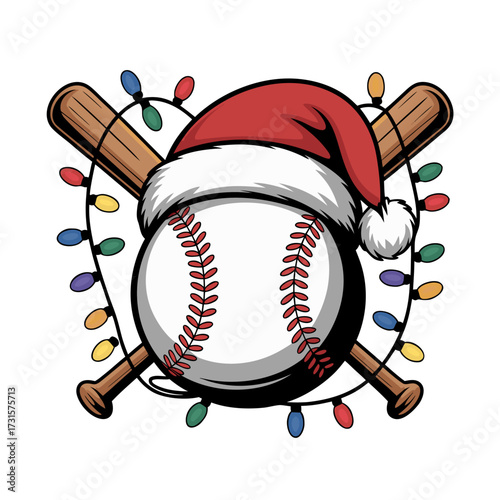 Festive baseball christmas design featuring a santa hat on a baseball with crossed bats and colorful lights