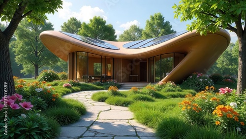 Modern Eco-Friendly House Design with Solar Panels and Lush Landscaping Featuring a Stone Pathway and Vibrant Flower Gardens