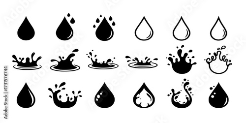 A collection of various water droplet designs, including solid black, outlined, and splash effects, arranged in a grid pattern.
