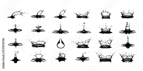 A collection of various water droplet designs, including solid black, outlined, and splash effects, arranged in a grid pattern.
