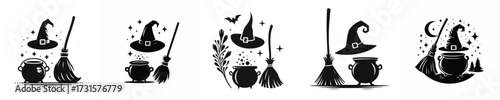 black and white silhouette vector of halloween witch tools